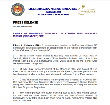 Launch of Momentary Monument at former Sree Narayana Mission (Singapore) site
