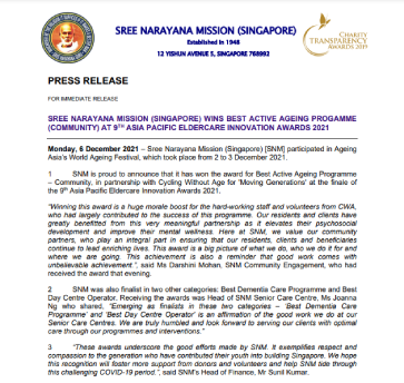 Sree Narayana Mission (Singapore) wins Best Active Ageing Programme (Community) at 9th Asia Pacific Eldercare Innovation Awards 2021.