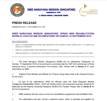 Sree Narayana Mission (Singapore) opens new rehabilitation room at Chathayam celebrations